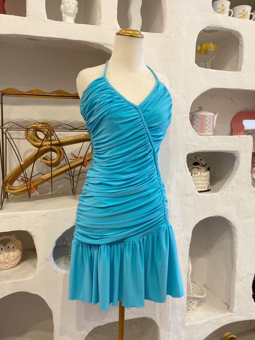 Y2K Turquoise Stretchy Ruched Halter Mini Dress with Drop Waist & Braided Detail